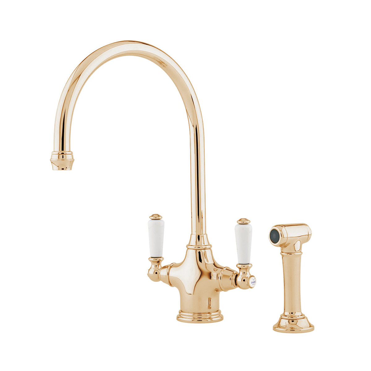 Shaws by Perrin & Rowe Ribble kitchen mixer with spray rinse in Polished Brass. Phoenician style monobloc kitchen tap AUSH.4360. Distributed in Australia by Luxe by Design, Brisbane.