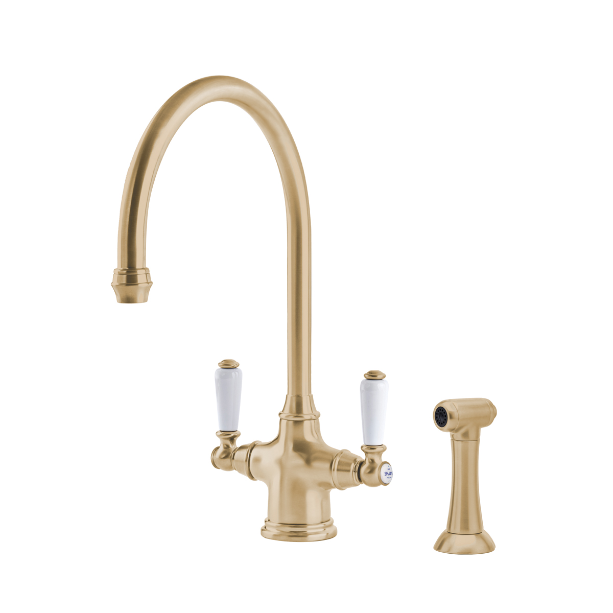 Shaws by Perrin & Rowe Ribble kitchen mixer with spray rinse in Satin Brass. Phoenician style monobloc kitchen tap AUSH.4360. Distributed in Australia by Luxe by Design, Brisbane.