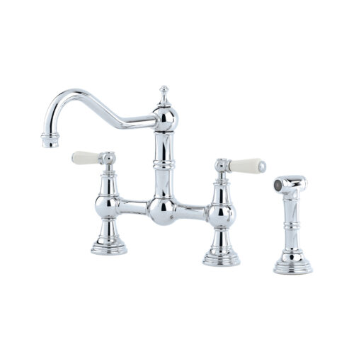 Shaws by Perrin & Rowe Hambleton French bridge mixer with spray rinse in Chrome. Provence style kitchen tap AUSH.4756. Distributed in Australia by Luxe by Design, Brisbane.