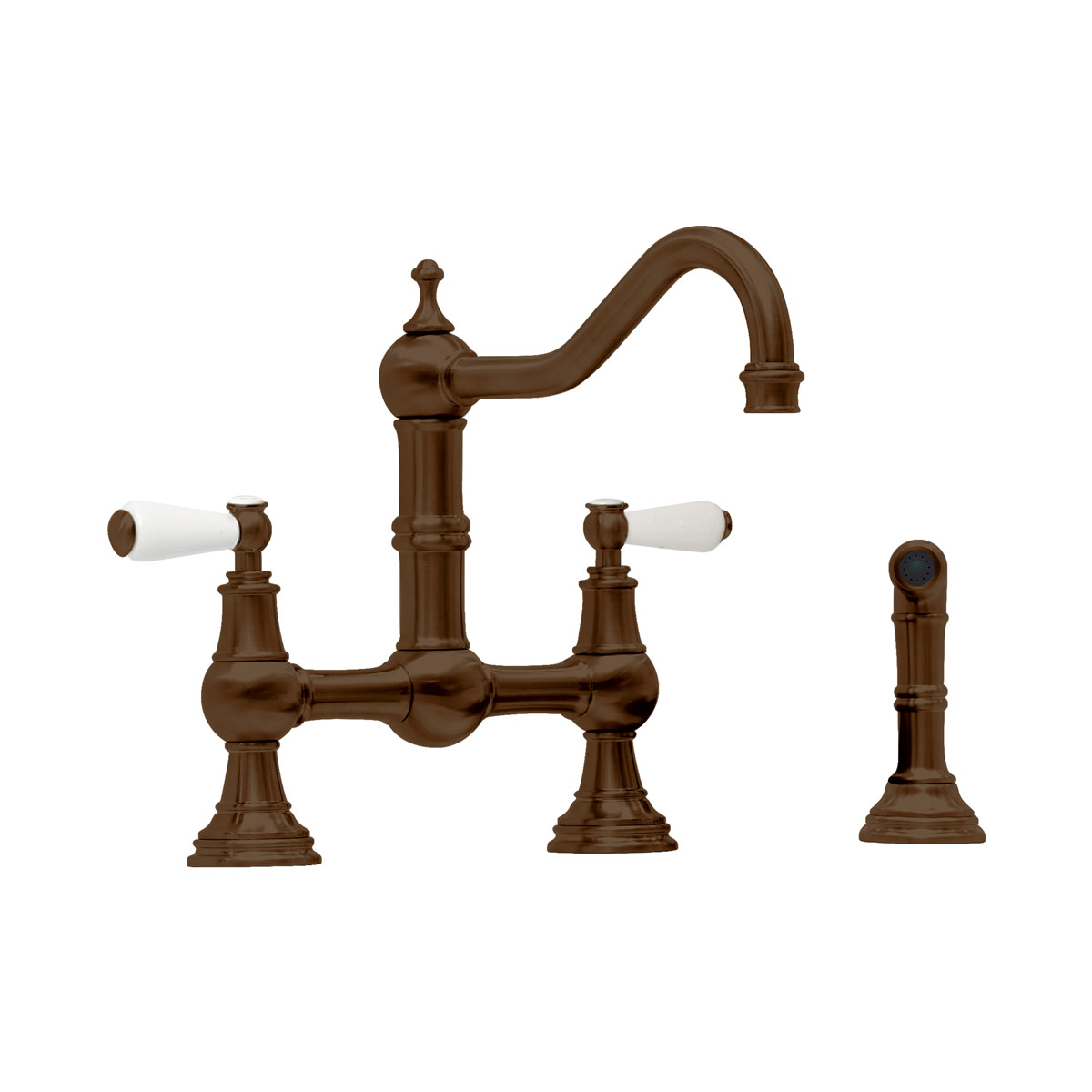 Shaws by Perrin & Rowe Hambleton French bridge mixer with spray rinse in English Bronze. Provence style kitchen tap AUSH.4756. Distributed in Australia by Luxe by Design, Brisbane.