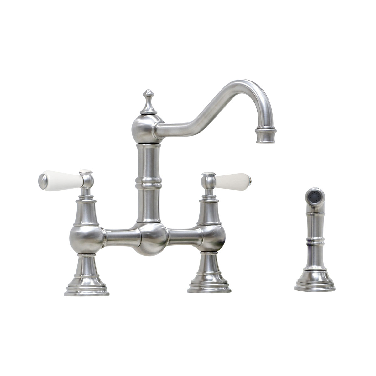 Shaws by Perrin & Rowe Hambleton French bridge mixer with spray rinse in Pewter. Provence style kitchen tap AUSH.4756. Distributed in Australia by Luxe by Design, Brisbane.