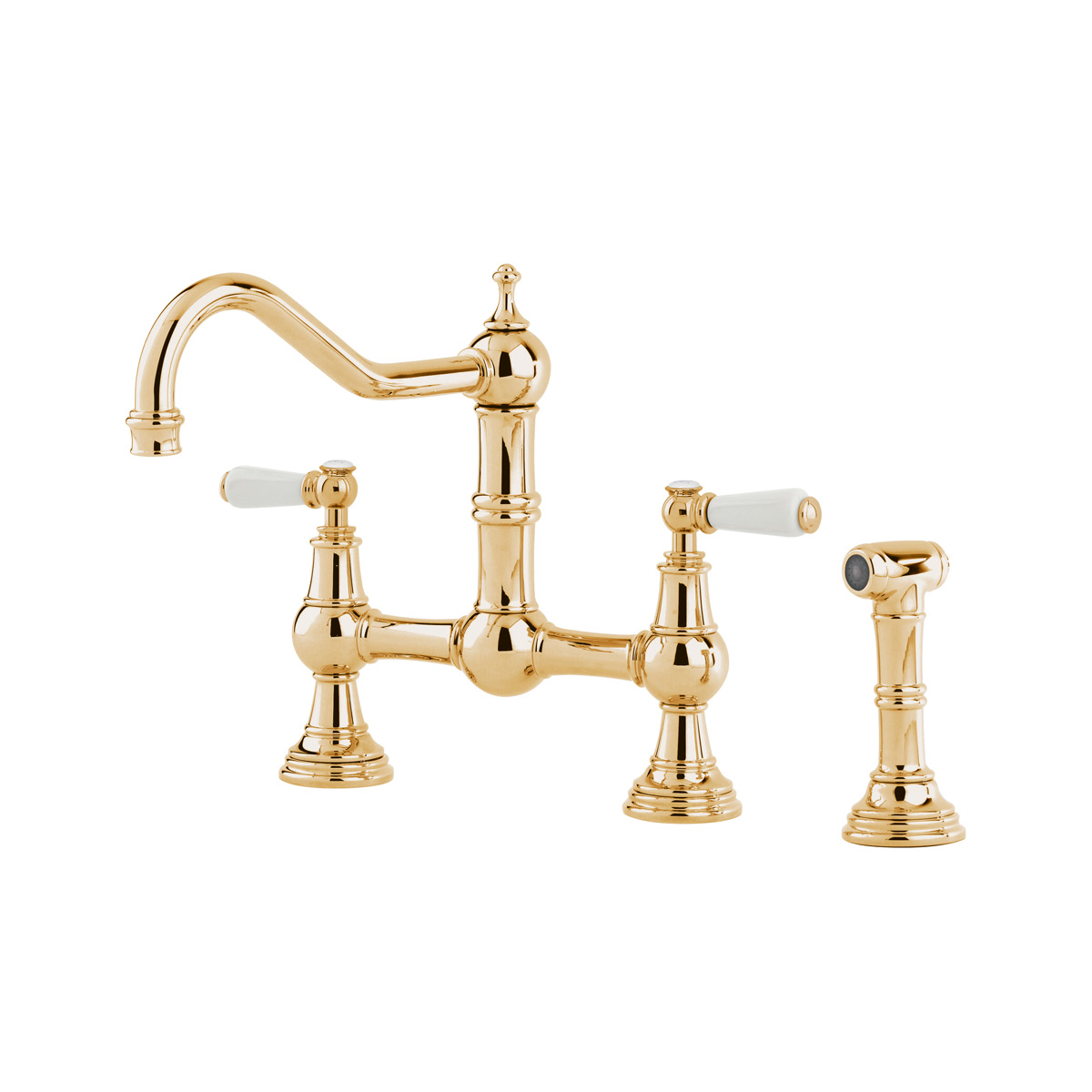 Shaws by Perrin & Rowe Hambleton French bridge mixer with spray rinse in Polished Brass. Provence style kitchen tap AUSH.4756. Distributed in Australia by Luxe by Design, Brisbane.
