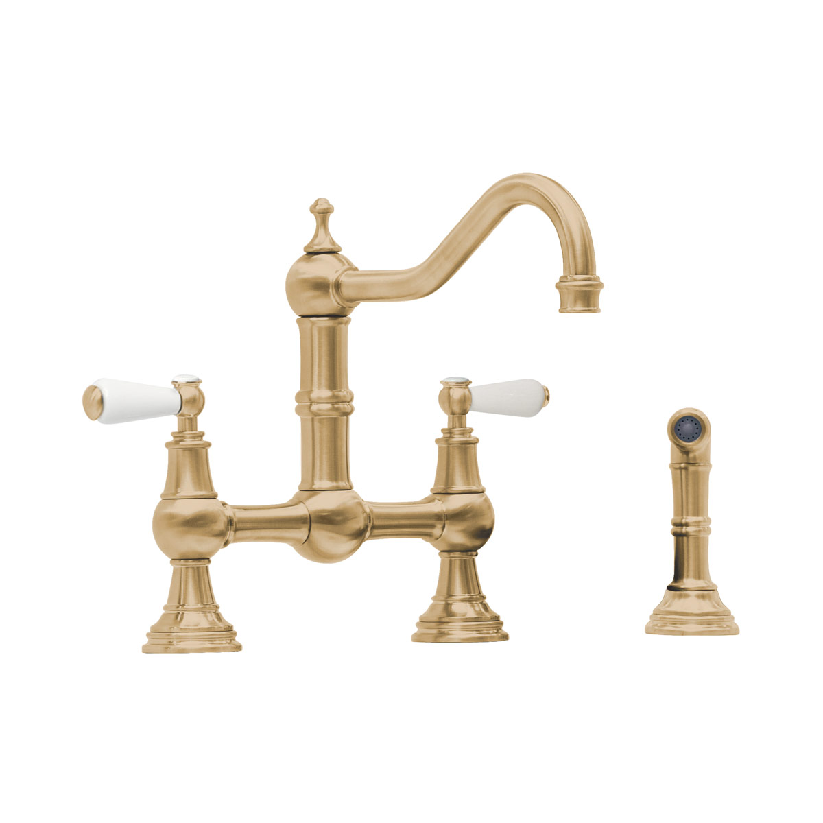 Shaws by Perrin & Rowe Hambleton French bridge mixer with spray rinse in Satin Brass. Provence style kitchen tap AUSH.4756. Distributed in Australia by Luxe by Design, Brisbane.
