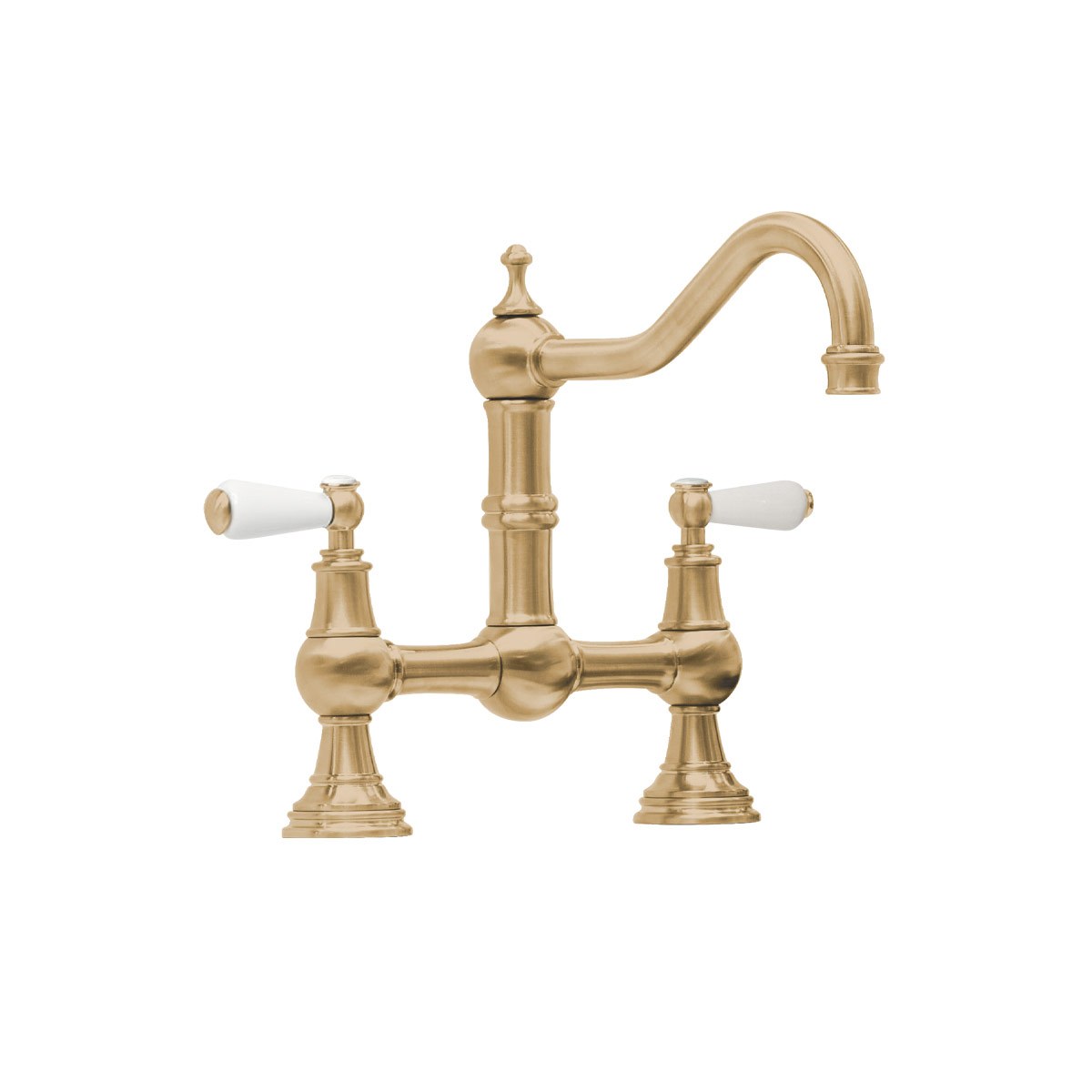 Shaws by Perrin & Rowe Hambleton French bridge mixer in Satin Brass. Provence style kitchen tap AUSH.4751. Distributed in Australia by Luxe by Design, Brisbane.
