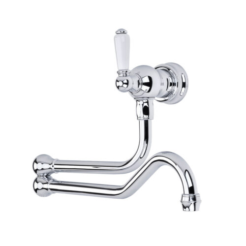 Shaws by Perrin & Rowe wall mounted pot filler in Chrome. Traditional style pot filler with single white porcelain handle - AUSH.4417. Distributed in Australia by Luxe by Design, Brisbane.