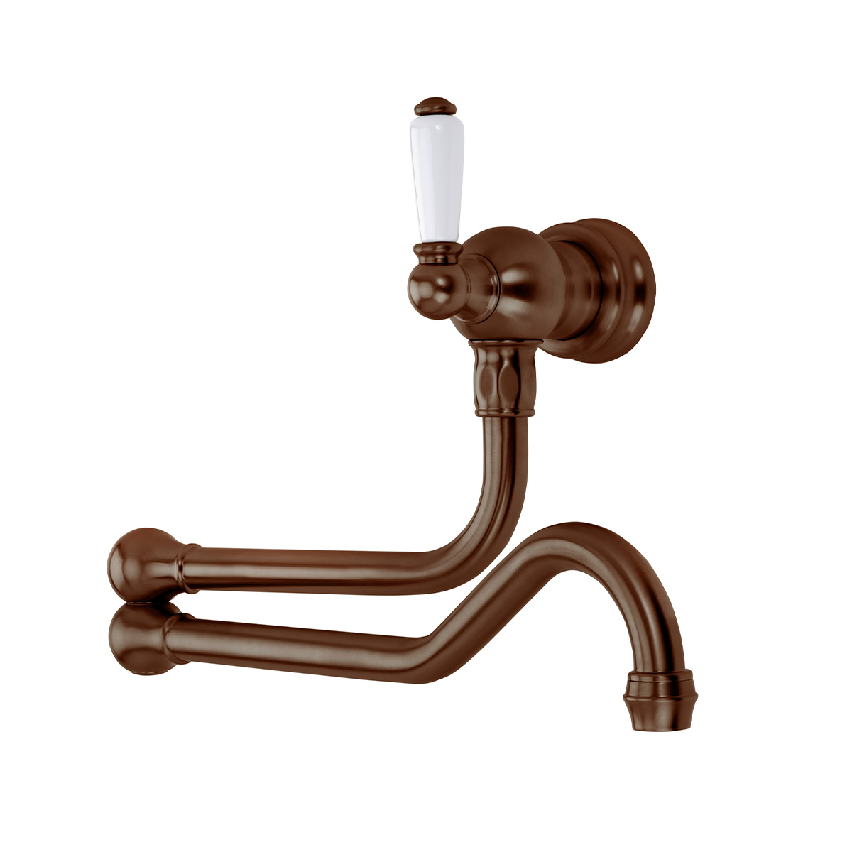 Shaws by Perrin & Rowe wall mounted pot filler in English Bronze. Traditional style pot filler with single white porcelain handle - AUSH.4417. Distributed in Australia by Luxe by Design, Brisbane.