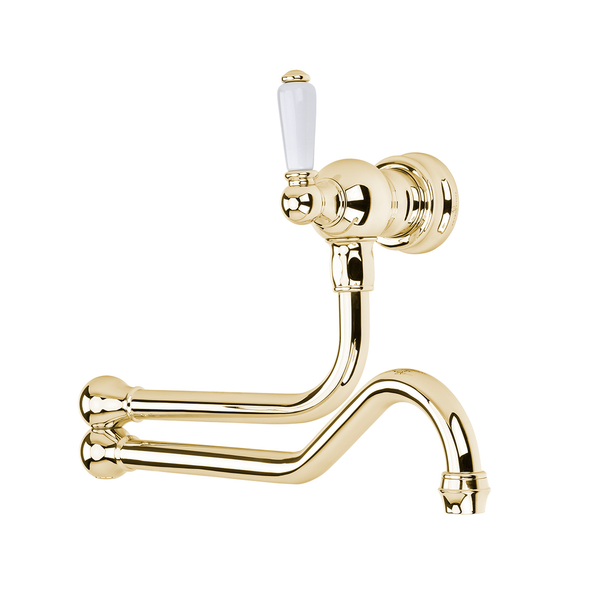 Shaws by Perrin & Rowe wall mounted pot filler in Gold. Traditional style pot filler with single white porcelain handle - AUSH.4417. Distributed in Australia by Luxe by Design, Brisbane.