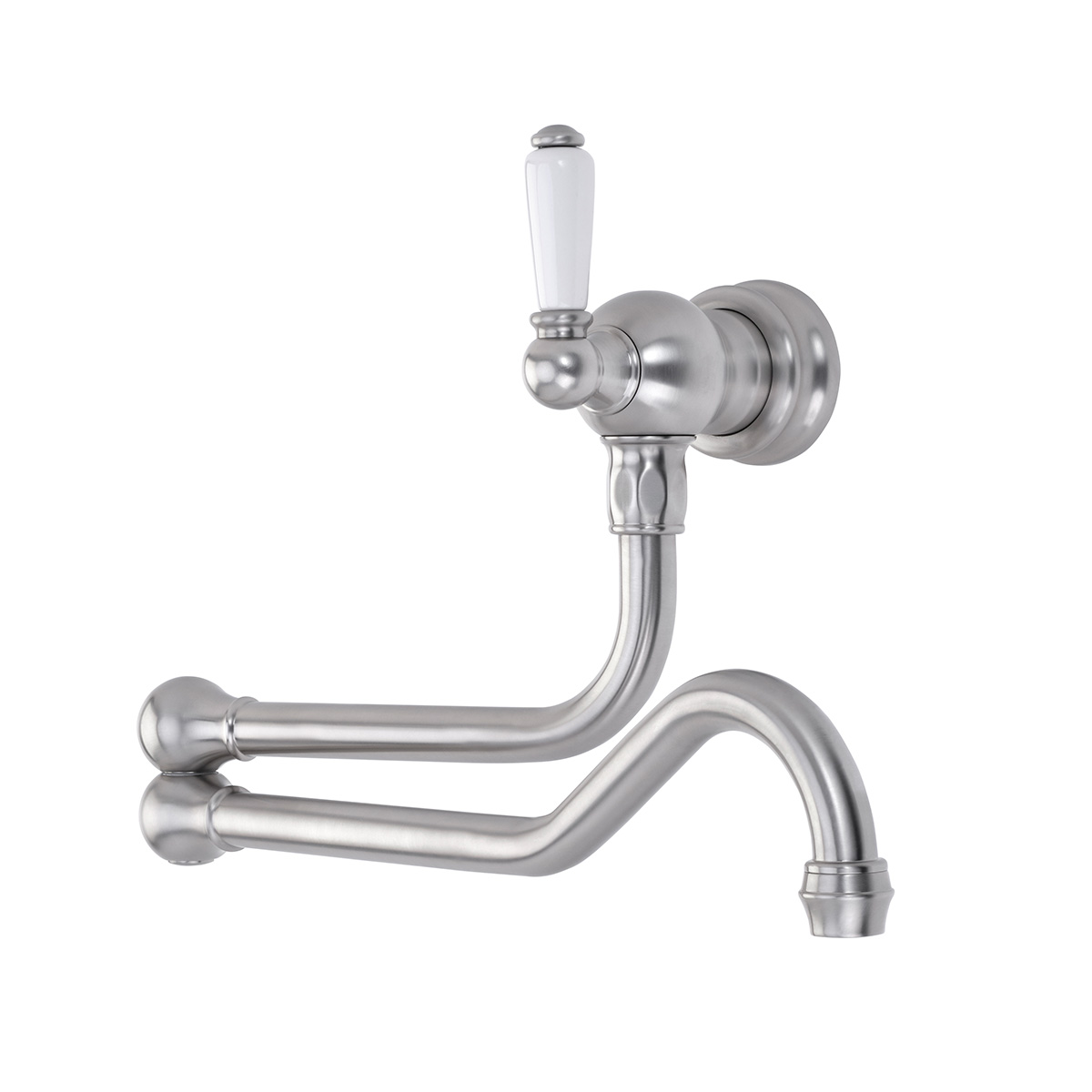 Shaws by Perrin & Rowe wall mounted pot filler in Pewter. Traditional style pot filler with single white porcelain handle - AUSH.4417. Distributed in Australia by Luxe by Design, Brisbane.