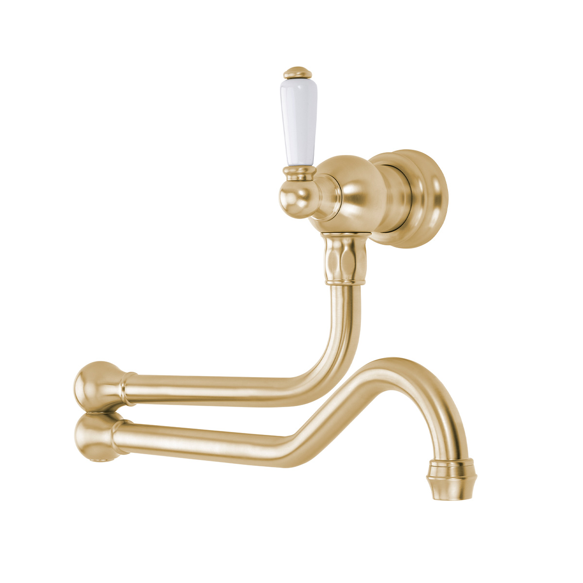 Shaws by Perrin & Rowe wall mounted pot filler in Satin Brass. Traditional style pot filler with single white porcelain handle - AUSH.4417. Distributed in Australia by Luxe by Design, Brisbane.