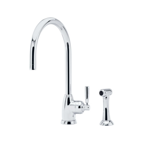 Shaws by Perrin & Rowe Roeburn kitchen mixer with spray rinse in Chrome. Mimas style monobloc kitchen tap AUSH.4846. Distributed in Australia by Luxe by Design, Brisbane.