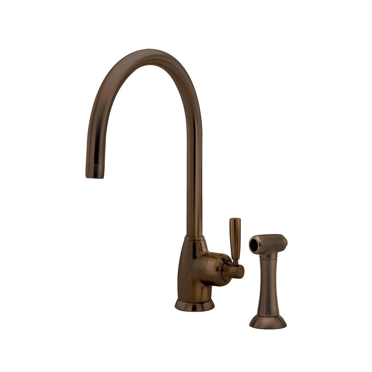 Shaws by Perrin & Rowe Roeburn kitchen mixer with spray rinse in English Bronze. Mimas style monobloc kitchen tap AUSH.4846. Distributed in Australia by Luxe by Design, Brisbane.