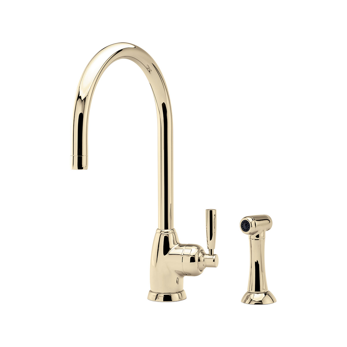 Shaws by Perrin & Rowe Roeburn kitchen mixer with spray rinse in Gold. Mimas style monobloc kitchen tap AUSH.4846. Distributed in Australia by Luxe by Design, Brisbane.