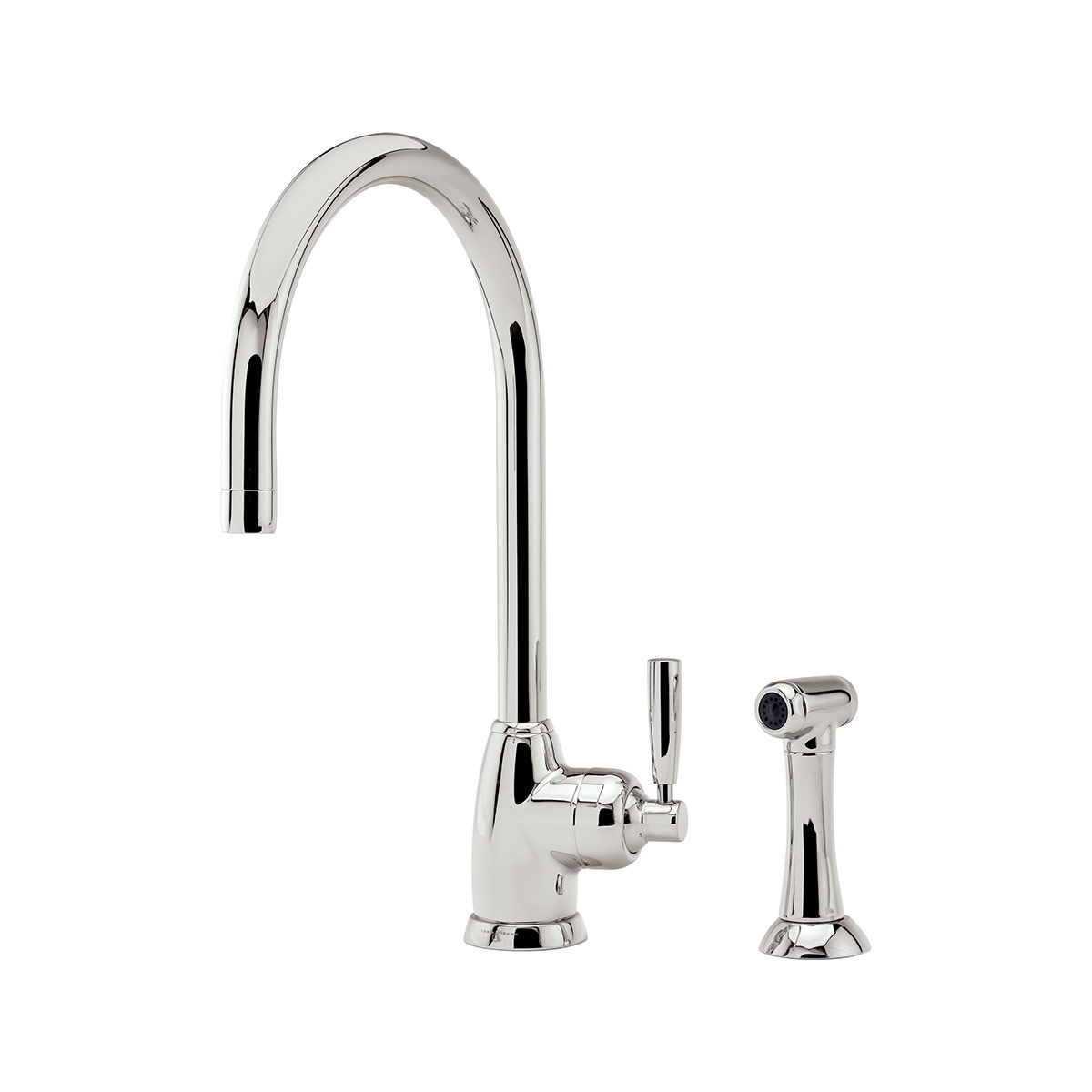 Shaws by Perrin & Rowe Roeburn kitchen mixer with spray rinse in Nickel. Mimas style monobloc kitchen tap AUSH.4846. Distributed in Australia by Luxe by Design, Brisbane.
