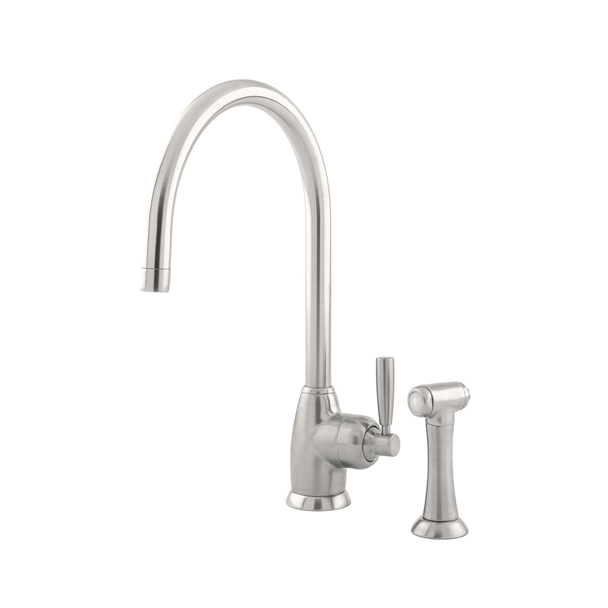 Shaws by Perrin & Rowe Roeburn kitchen mixer with spray rinse in Pewter. Mimas style monobloc kitchen tap AUSH.4846. Distributed in Australia by Luxe by Design, Brisbane.