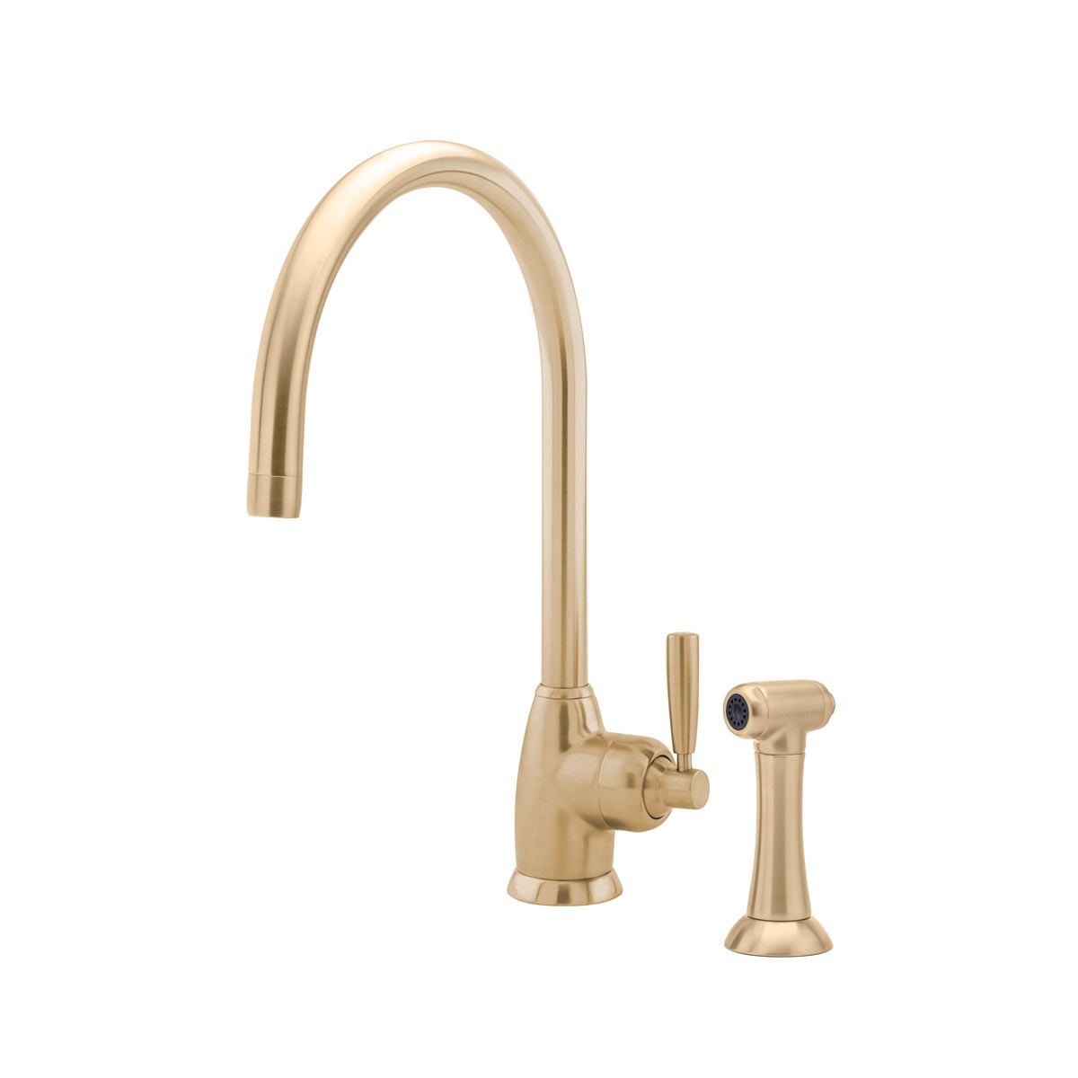 Shaws by Perrin & Rowe Roeburn kitchen mixer with spray rinse in Satin Brass. Mimas style monobloc kitchen tap AUSH.4846. Distributed in Australia by Luxe by Design, Brisbane.