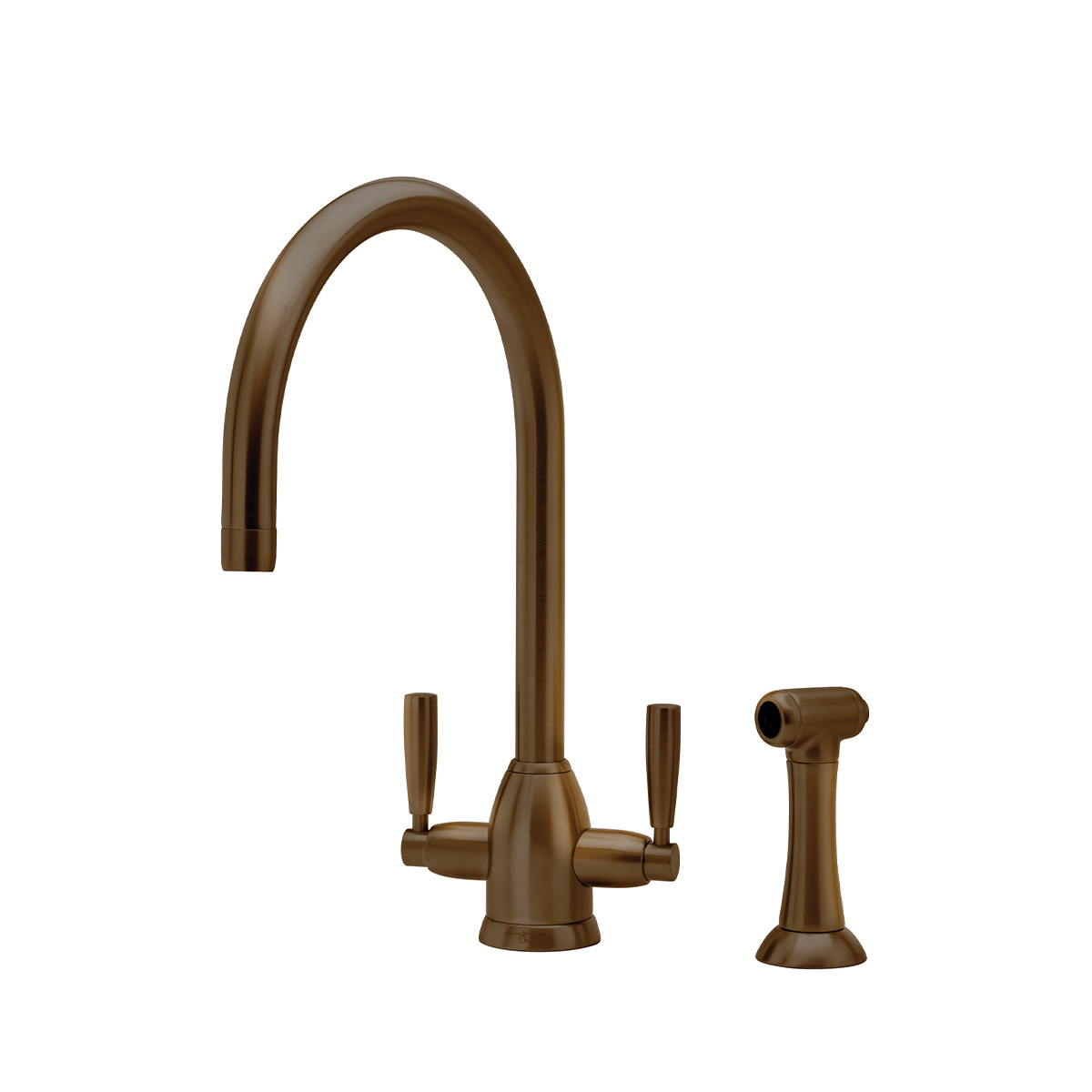 Shaws by Perrin & Rowe Silverdale kitchen mixer with spray rinse in English Bronze. Oberon style kitchen mixer AUSH.4866. Distributed in Australia by Luxe by Design, Brisbane.