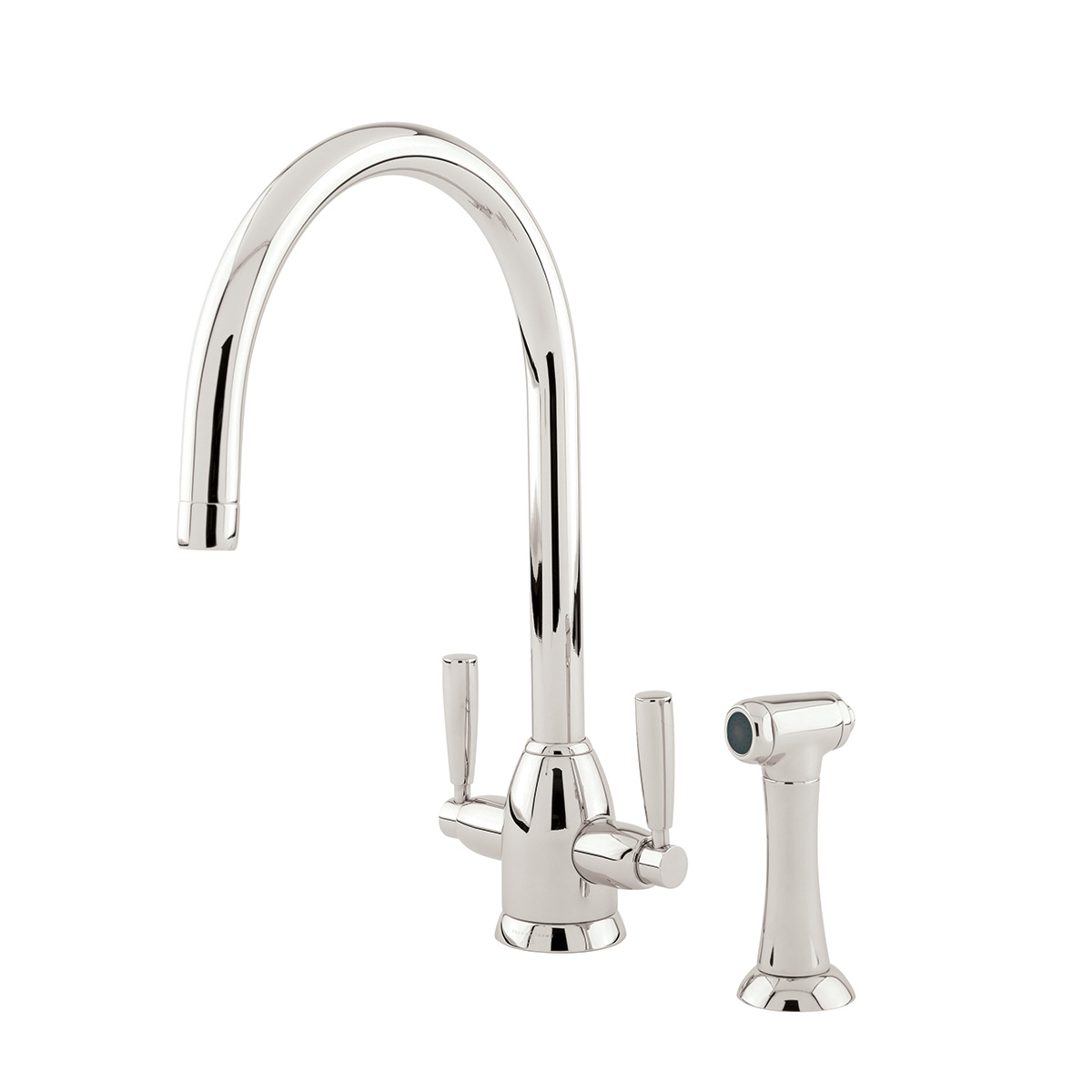 Shaws by Perrin & Rowe Silverdale kitchen mixer with spray rinse in Nickel. Oberon style kitchen mixer AUSH.4866. Distributed in Australia by Luxe by Design, Brisbane.