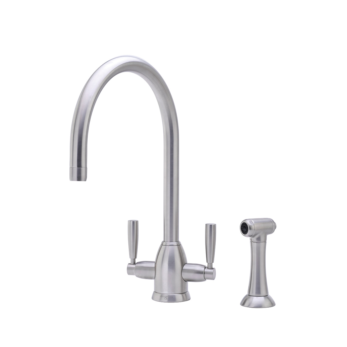 Shaws by Perrin & Rowe Silverdale kitchen mixer with spray rinse in Pewter. Oberon style kitchen mixer AUSH.4866. Distributed in Australia by Luxe by Design, Brisbane.