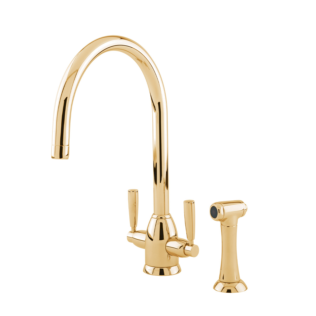 Shaws by Perrin & Rowe Silverdale kitchen mixer with spray rinse in Polished Brass. Oberon style kitchen mixer AUSH.4866. Distributed in Australia by Luxe by Design, Brisbane.