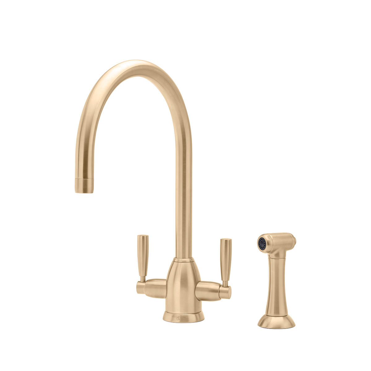 Shaws by Perrin & Rowe Silverdale kitchen mixer with spray rinse in Satin Brass. Oberon style kitchen mixer AUSH.4866. Distributed in Australia by Luxe by Design, Brisbane.