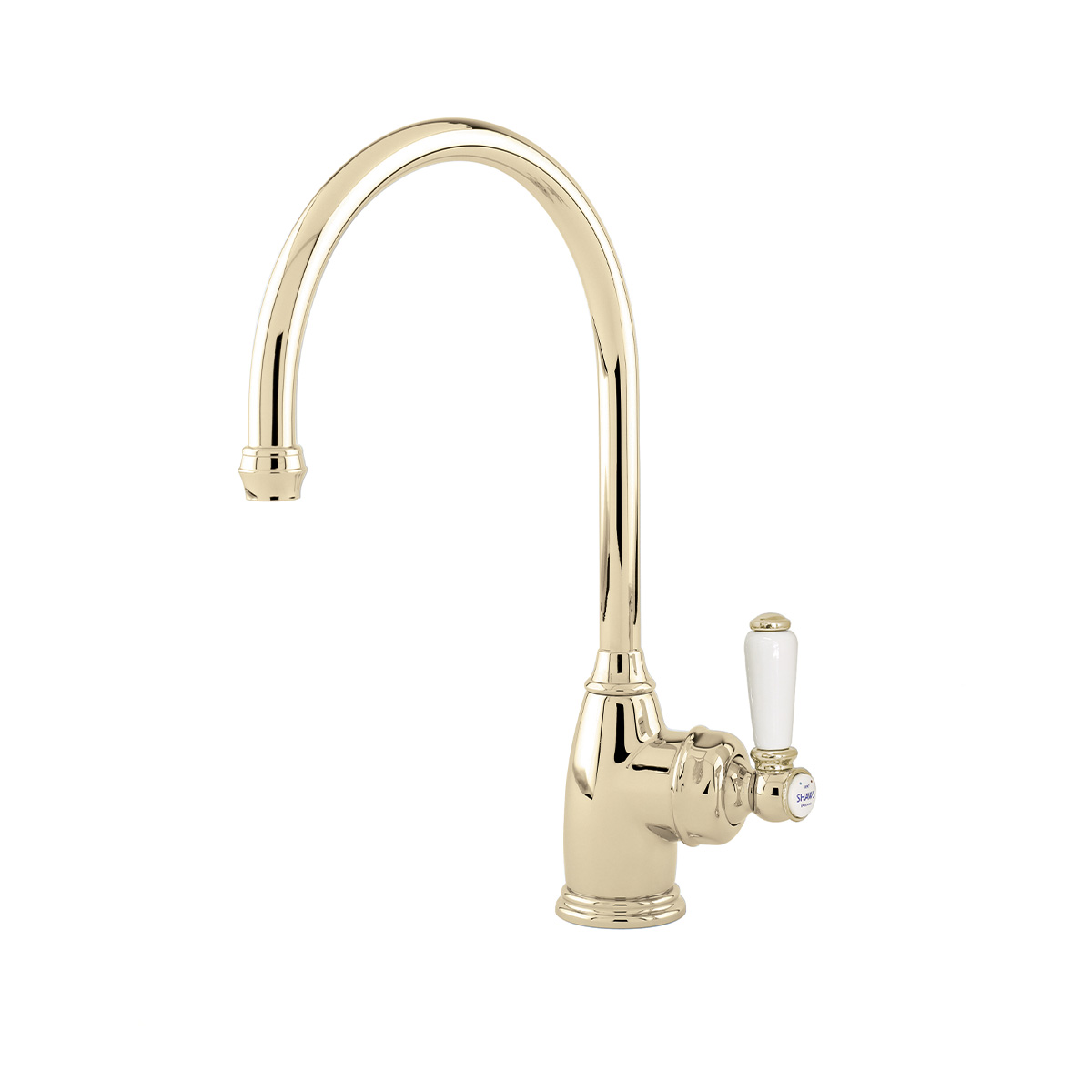 Shaws by Perrin & Rowe Yarrow kitchen mixer in Gold. Parthian style monobloc kitchen tap AUSH.4341. Distributed in Australia by Luxe by Design, Brisbane.
