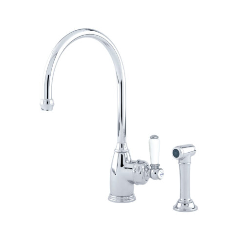 Shaws by Perrin & Rowe Yarrow kitchen mixer with spray rinse in Chrome. Parthian style monobloc kitchen tap AUSH.4346. Distributed in Australia by Luxe by Design, Brisbane.