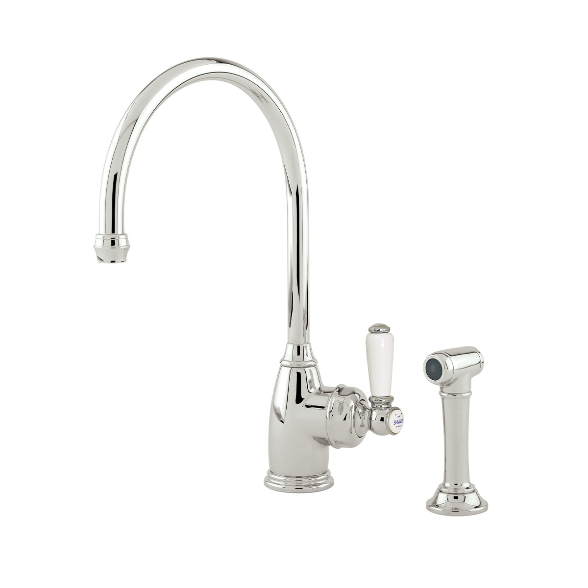 Shaws by Perrin & Rowe Yarrow kitchen mixer with spray rinse in Nickel. Parthian style monobloc kitchen tap AUSH.4346. Distributed in Australia by Luxe by Design, Brisbane.