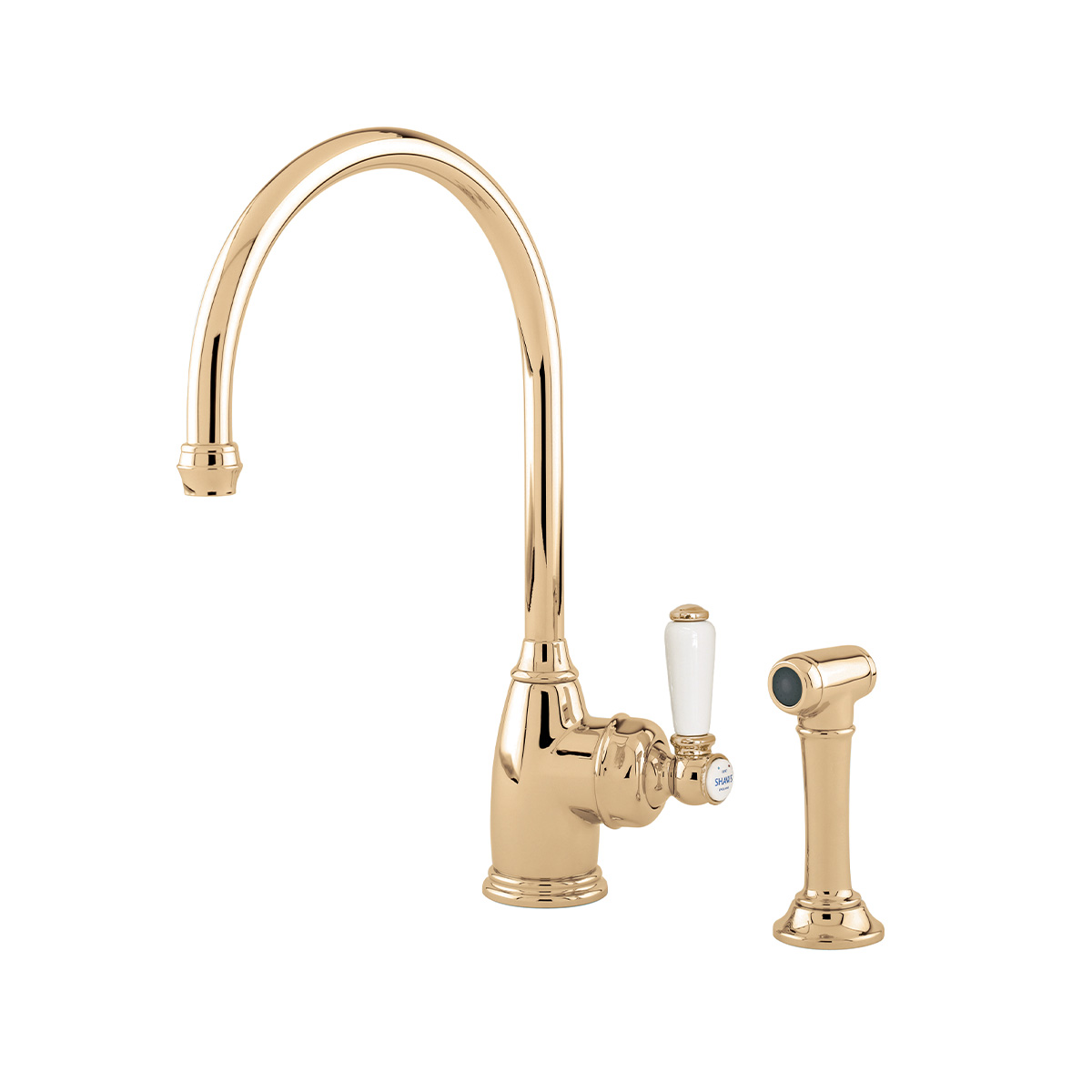 Shaws by Perrin & Rowe Yarrow kitchen mixer with spray rinse in Polished Brass. Parthian style monobloc kitchen tap AUSH.4346. Distributed in Australia by Luxe by Design, Brisbane.