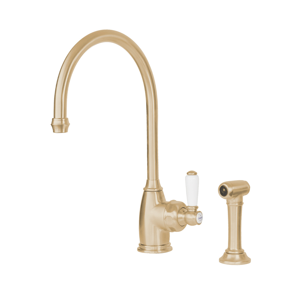 Shaws by Perrin & Rowe Yarrow kitchen mixer with spray rinse in Satin Brass. Parthian style monobloc kitchen tap AUSH.4346. Distributed in Australia by Luxe by Design, Brisbane.