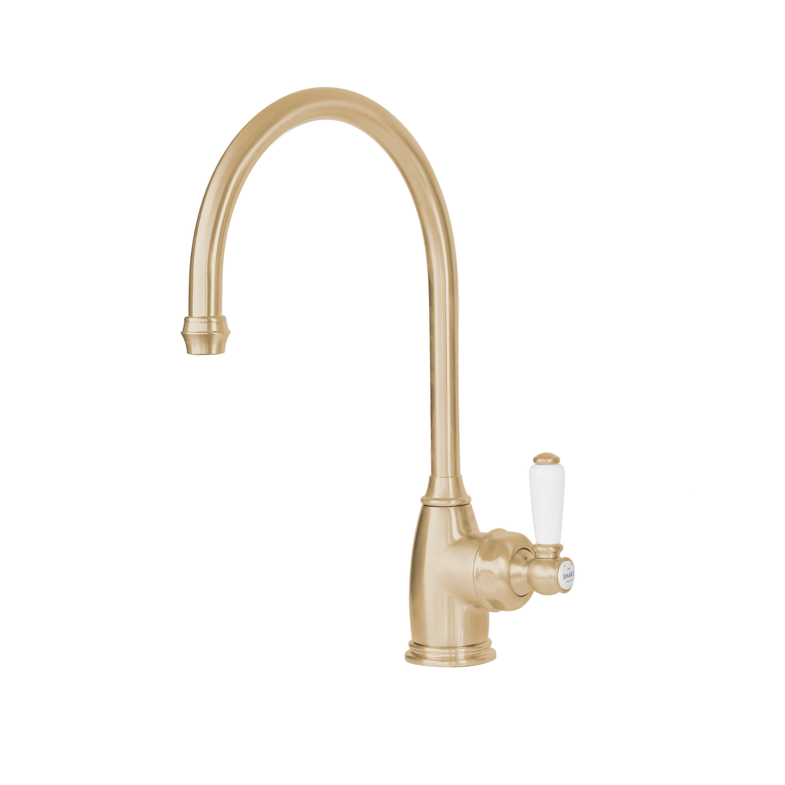 Shaws by Perrin & Rowe Yarrow kitchen mixer in Satin Brass. Parthian style monobloc kitchen tap AUSH.4341. Distributed in Australia by Luxe by Design, Brisbane.