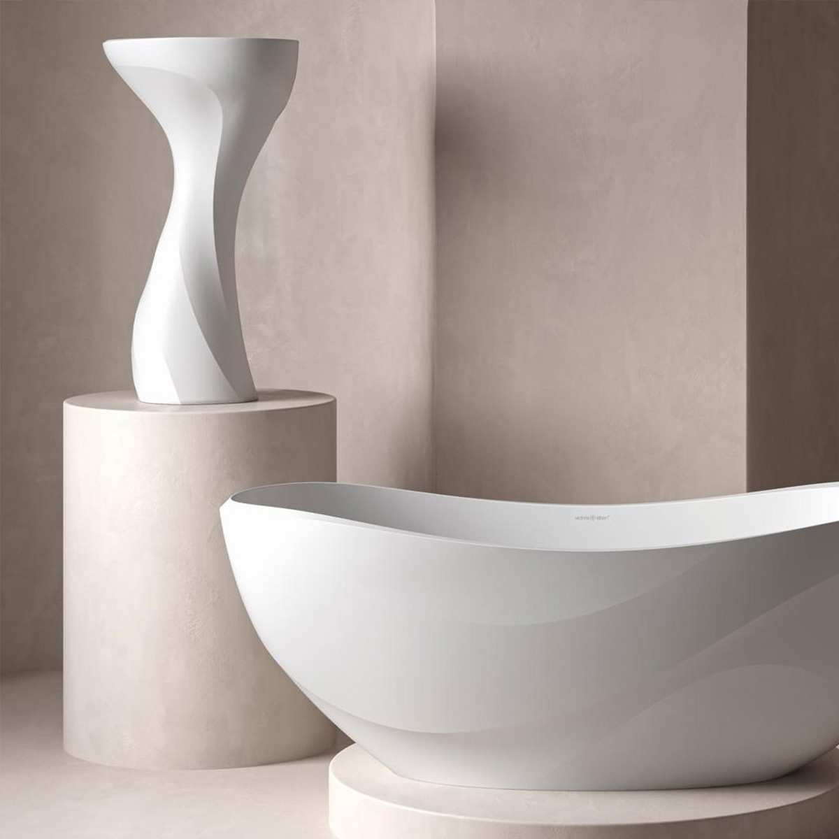 Victoria + Albert Seros 49 Pedestal Basin, sculpted wave design stone freestanding podium basin inspired by Sophie Elizabeth Thompson sculptures. Available in Gloss White and Matt White in bath, vessel basin and pedestal basin formats. Distributed in Australia by Luxe by Design, Brisbane.