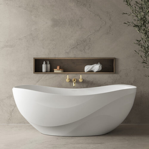 Victoria + Albert Seros 1650 Bath, sculpted wave design stone bath inspired by Sophie Elizabeth Thompson sculptures. Available in Gloss White and Matt White in bath, vessel basin and pedestal basin formats. Distributed in Australia by Luxe by Design, Brisbane.