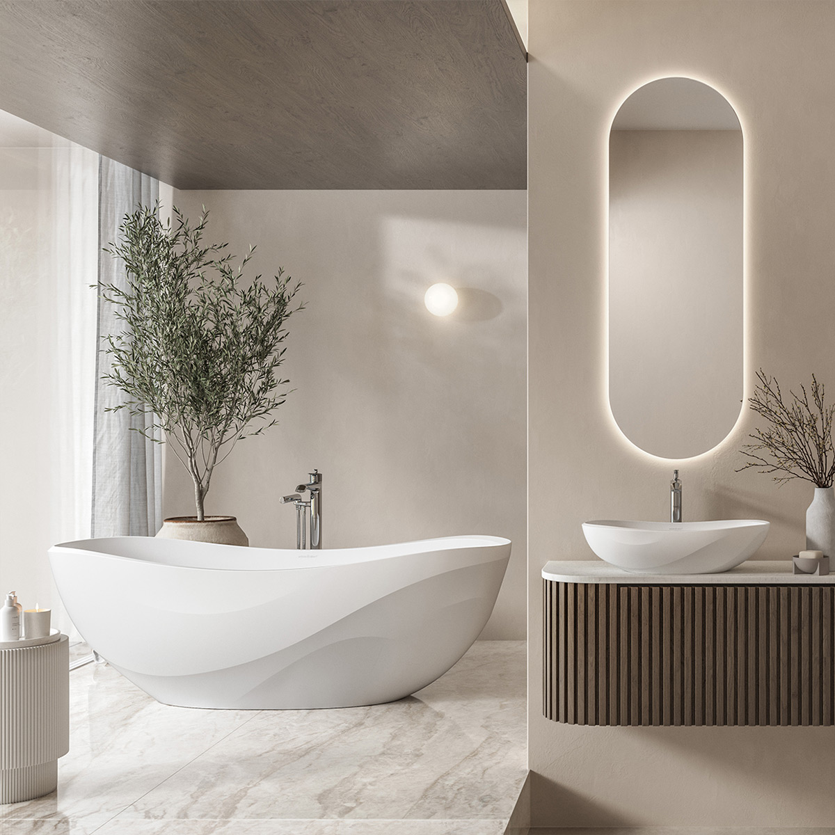 Victoria + Albert Seros 1650 Bath, sculpted wave design stone bath inspired by Sophie Elizabeth Thompson sculptures. Available in Gloss White and Matt White in bath, vessel basin and pedestal basin formats. Distributed in Australia by Luxe by Design, Brisbane.