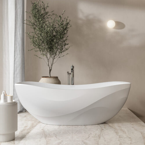 Victoria + Albert Seros 1800 bath, sculpted wave design stone bath inspired by Sophie Elizabeth Thompson sculptures. Available in Gloss White and Matt White in bath, vessel basin and pedestal basin formats. Distributed in Australia by Luxe by Design, Brisbane.