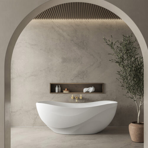 Victoria + Albert Seros 1800 Bath, sculpted wave design stone bath inspired by Sophie Elizabeth Thompson sculptures. Available in Gloss White and Matt White in bath, vessel basin and pedestal basin formats. Distributed in Australia by Luxe by Design, Brisbane.