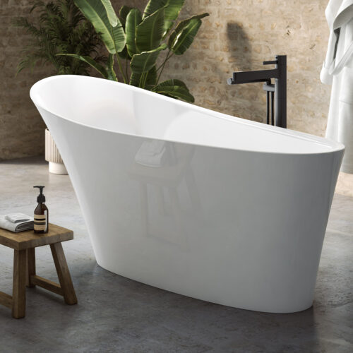 Victoira + Albert Ledro volcanic limestone sustainable water efficient bath is available in gloss white or matt white as standard, or custom colour by special order. Distributed in Australia by Luxe by Design, Brisbane.