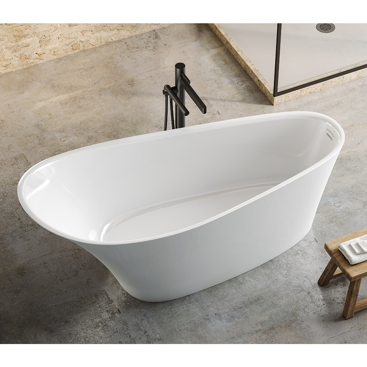 Victoira + Albert Ledro volcanic limestone sustainable water efficient bath is available in gloss white or matt white as standard, or custom colour by special order. Distributed in Australia by Luxe by Design, Brisbane.