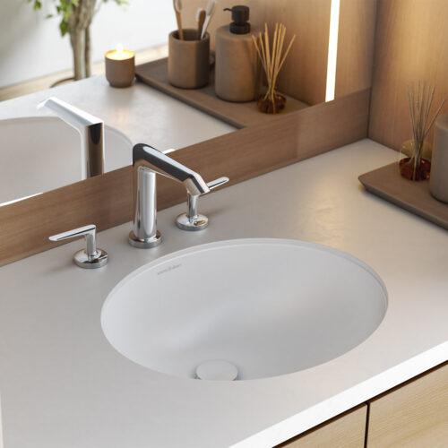 Victoria + Albert Laceno 49 oval undermount basin with overflow in matt white Quarrycast. Distributed in Australia by Luxe by Design, Brisbane.
