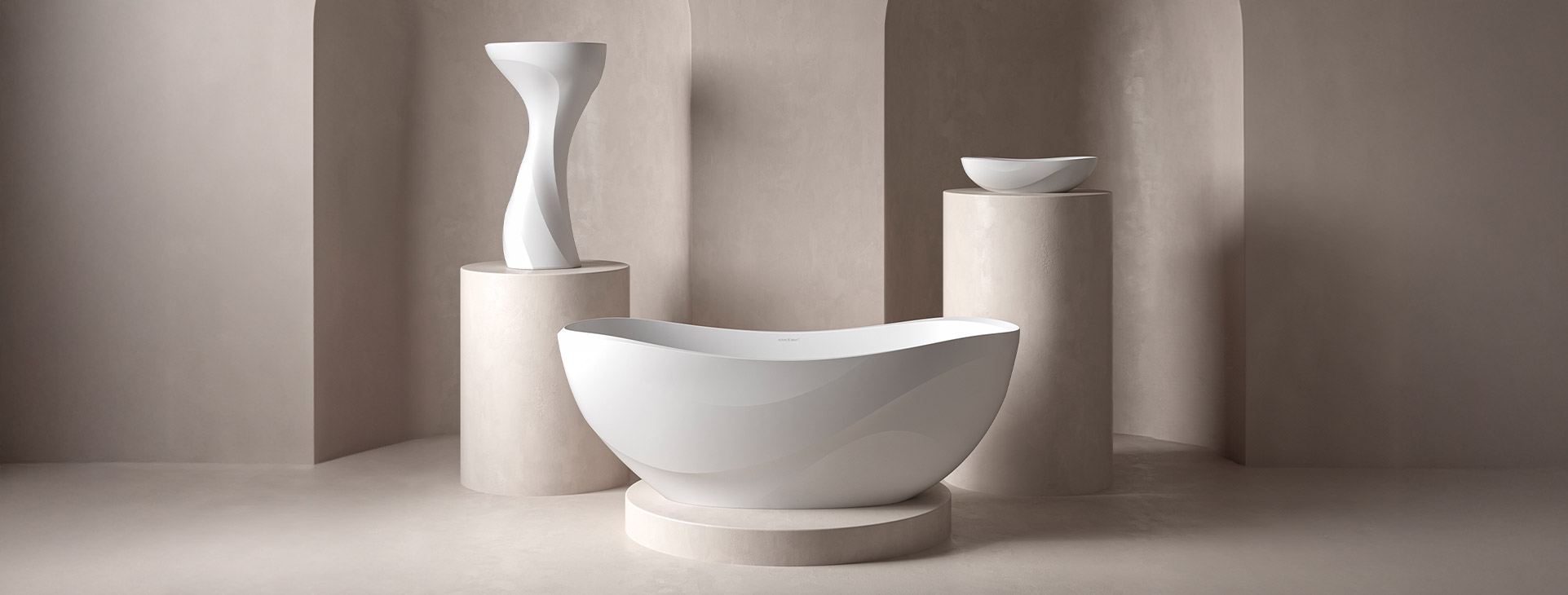 Victoria + Albert Seros Bath Collection, sculpted wave design stone bath inspired by Sophie Elizabeth Thompson sculptures. Available in Gloss White and Matt White in bath, vessel basin and pedestal basin formats. Distributed in Australia by Luxe by Design, Brisbane.