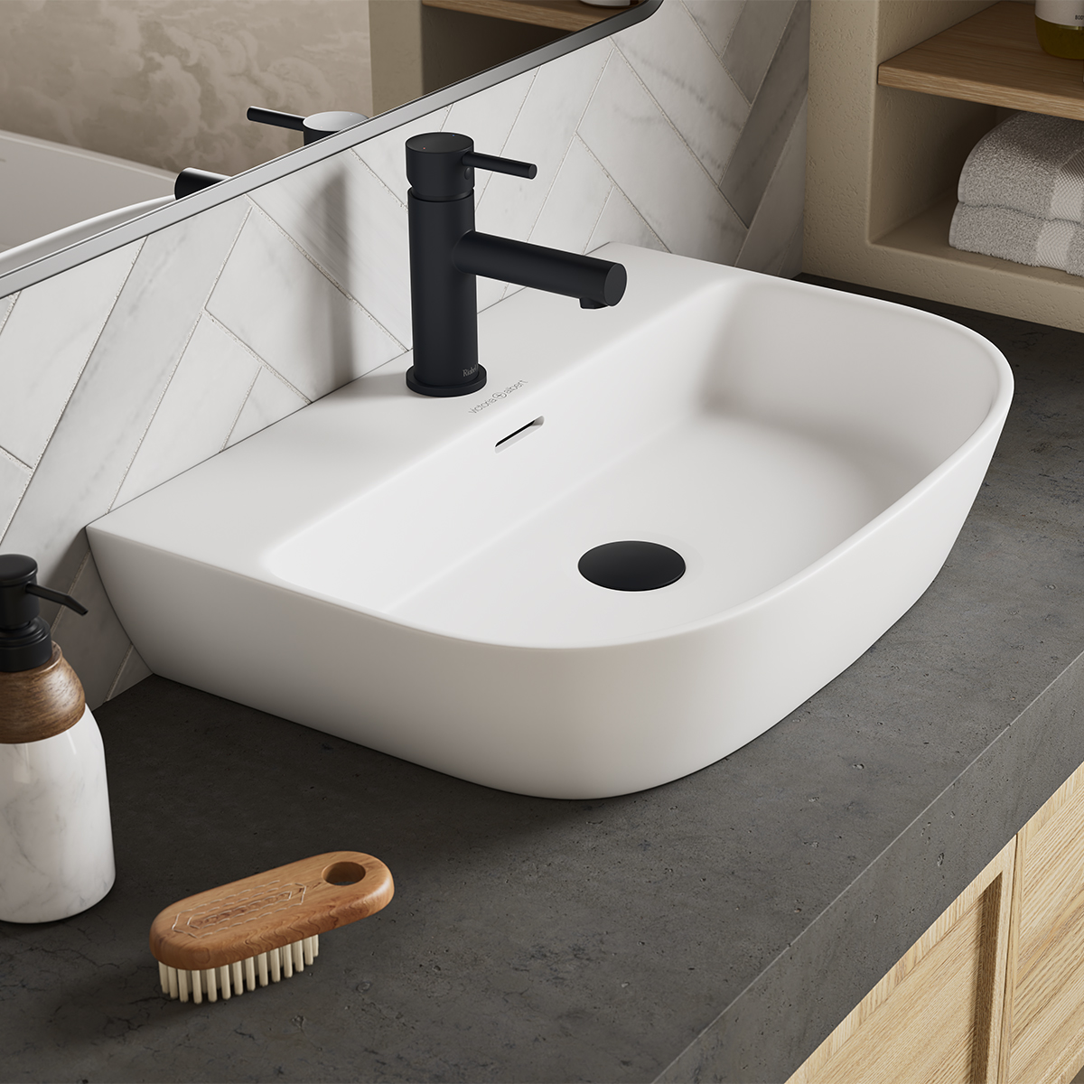 Victoria + Albert Lussari 60 D -shaped back to wall basin in matt white is available with 0, 1 or 3 tap holes. Distributed in Australia by Luxe by Design, Brisbane.