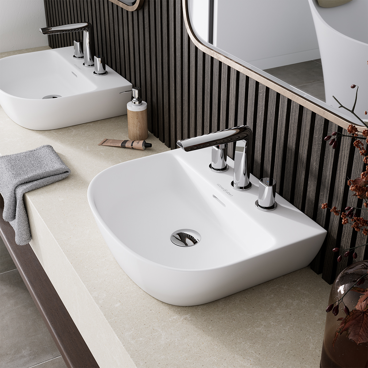 Victoria + Albert Lussari 50 D -shaped back to wall basin in gloss white is available with 0, 1 or 3 tap holes. Distributed in Australia by Luxe by Design, Brisbane.