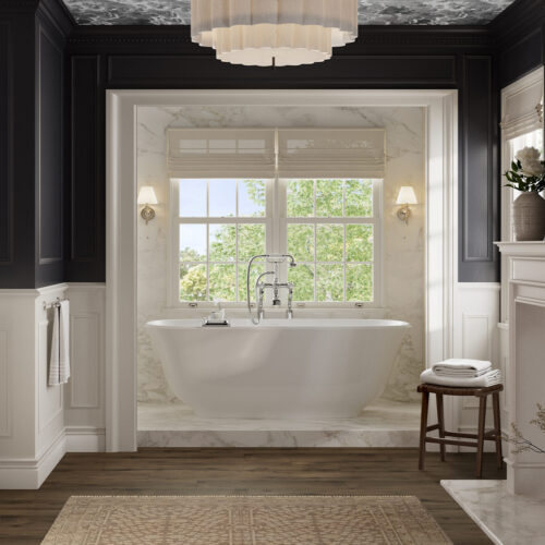 Victoria + Albert Amiata 1800 solid surface stone bath is available in gloss white, matte white or custom colour. Distributed in Australia by Luxe by Design, Brisbane.