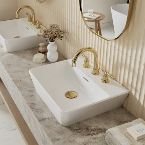 Victoria + Albert Vetralla 50 back to wall countertop basin is available in 0, 1 or 3 tap hole options in gloss white, matte white or custom colour. 25 year guarantee. Distributed in Australia by Luxe by Design, Brisbane.
